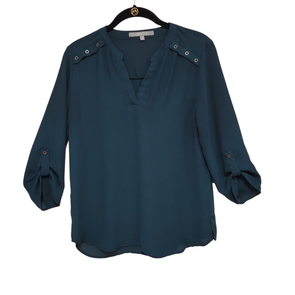 Sweet Rain long rolltab sleeve blouse v-neck Size Small semi sheer